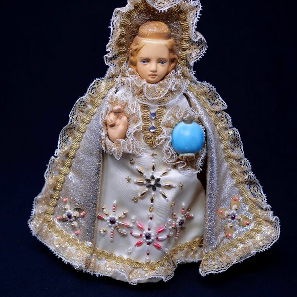 Vintage Infant of Prague Statue Beaded Gold Rhinestones Vestments NO Crown